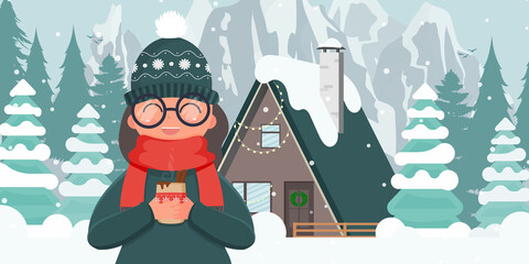 The girl is drinking a hot drink in the yard. House in a snowy forest. Vector.