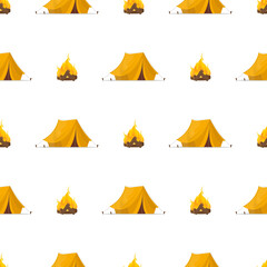 Seamless pattern with yellow tent and bonfire. Good on the topic of travel and camping. Vector.