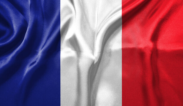 France flag wave close up. Full page France flying flag. Highly detailed realistic 3D rendering