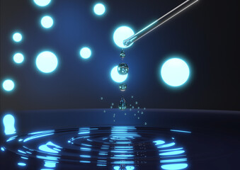 3D rendering and illustration of water drops in the blue illumination background.