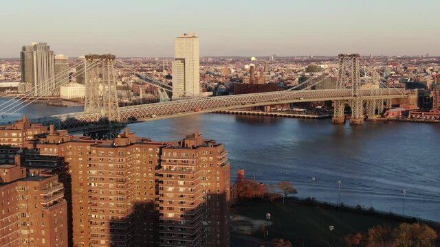 Brooklyn, NY, USA - March 15, 2020 : The Williamsburg Bridge connecting the Lower East Side to Williamsburg