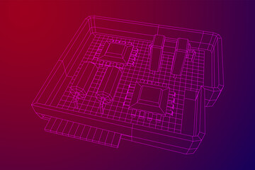 Circuit board in case. Electronic computer components motherboard. Semiconductor microchip, diode. Hardware parts. Wireframe low poly mesh vector illustration.