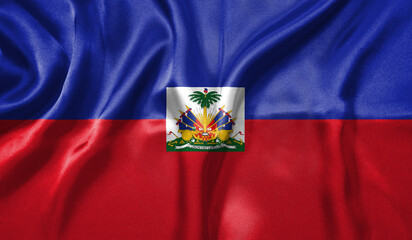 Fototapeta premium Haiti flag wave close up. Full page Haiti flying flag. Highly detailed realistic 3D rendering