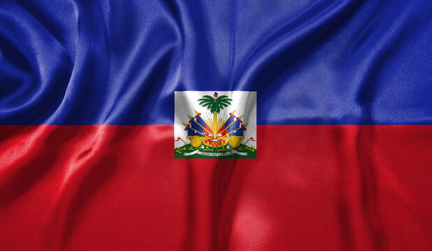 Haiti flag wave close up. Full page Haiti flying flag. Highly detailed realistic 3D rendering