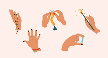 A set of vector images of hands and crafts related to needlework in an abstract style, ideal for social networks, postcards, prints, stickers.
