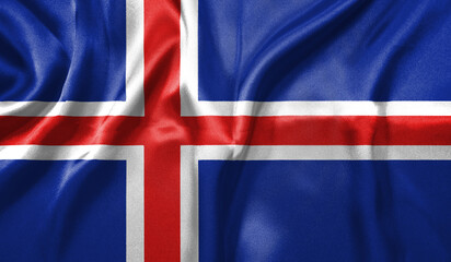 Iceland flag wave close up. Full page Iceland flying flag. Highly detailed realistic 3D rendering