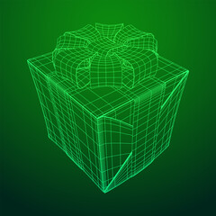 Gift Box with ribbon. Wireframe low poly mesh vector illustration.