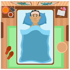 Man in bed sick, top view. Vector illustration on the topic of medicine and treatment.