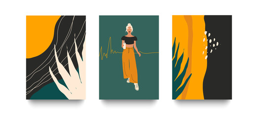 
A set of trendy illustrations consisting of abstract backgrounds and a female figure in vibrant colors, suitable for covers, social networks and postcards.