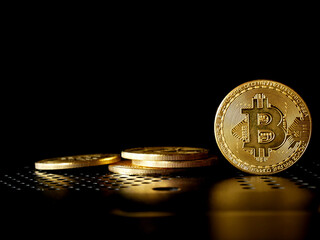 Close up of gold bitcoin on black background with selective focus