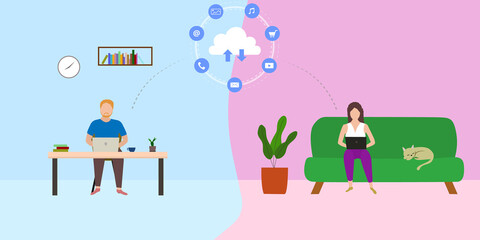 Vector of people using laptop work remotely from home. Illustration concept online cloud technology.