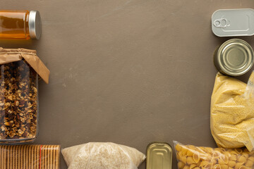Home food supplies, necessary food for the period of quarantine and isolation, the concept of stay...