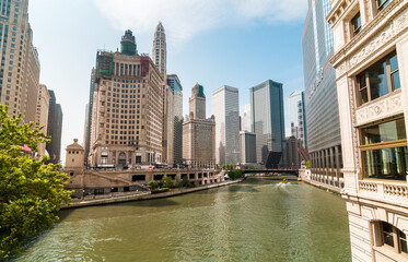 View of Chicago River with skyscrapers and riverwalk, USA