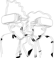 Vector black line graphic design cartoon of young man and woman wearing virtual reality glasses on white background.