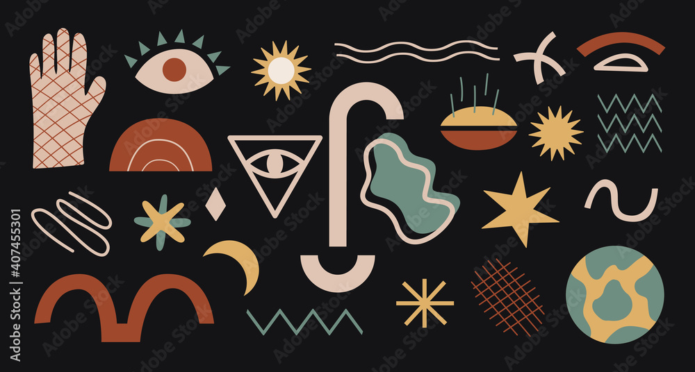 Poster Vector set of abstract geometric shapes and objects on a dark background. Trendy organic and minimalistic design for banner, cover, wallpaper, stories background. Horizontal background. 