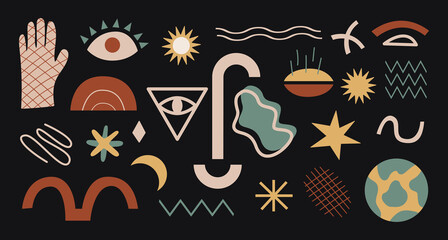 Vector set of abstract geometric shapes and objects on a dark background. Trendy organic and minimalistic design for banner, cover, wallpaper, stories background. Horizontal background. 