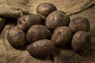 Burlap potatoes. Potatoes with soil. Home farming concept. Fresh potatoes