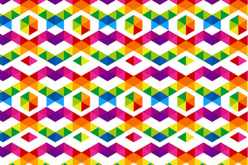 Colorful triangles and hexagons. Seamless pattern. Abstract geometric style with white background.
