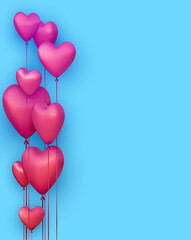 Fototapeta na wymiar Blue background with realistic 3d pink heart balloons.