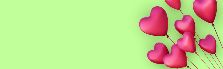 Green banner with realistic 3d pink heart balloons.