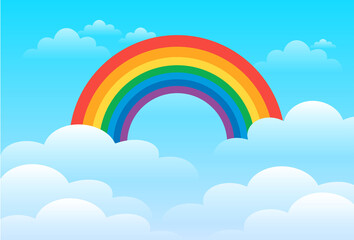 Colorful rainbow with clouds in the sky. Cloudy landscape wallpaper.  Clean and minimal scenery background for children's bedroom, baby nursery, baby room decor.