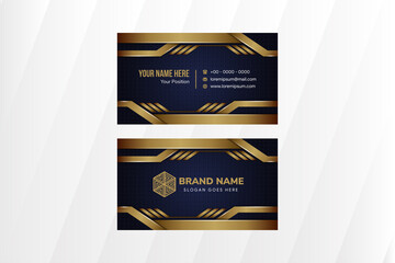 Business card - abstract geometric gold frame and hexagon logo. dark blue background with dot circle pattern. Horizontal layout.