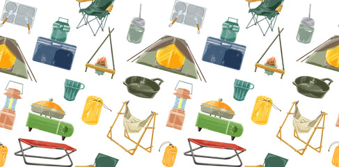 キャンプ用品の連続背景パターン
