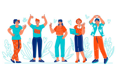 Fototapeta premium Happy people showing positive OK, Victory and thumb up gestures, cartoon vector illustration isolated on white background. Men and women expressing approval and satisfaction among decorative leaves.