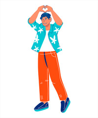 Young man raises his hands with fingers folded in a heart, as a gesture of love or like expression, cartoon vector illustration isolated on white background.