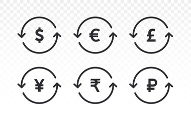 Currency icons. Collection of currency symbols - dollar, euro, pound, rupee, yuan, yen, ruble. Cash icon. Currency exchange symbol. Coins icon. Finance symbol. Currency symbol. Back refund investment.