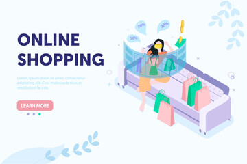 Woman shopping online sitting on sofa at home using futuristic projection panel. Isometric cartoon vector illustration. Website, webpage, landing page template