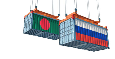 Freight containers with Russia and Bangladesh flag. 3D Rendering 