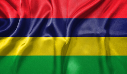Mauritius flag wave close up. Full page Mauritius flying flag. Highly detailed realistic 3D rendering