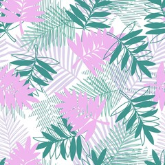 Abstract Green and Pink Colored Summer Tropic Palm Leaves Vector Seamless Pattern