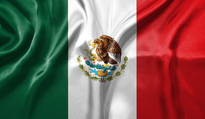 Mexico flag wave close up. Full page Mexico flying flag. Highly detailed realistic 3D rendering