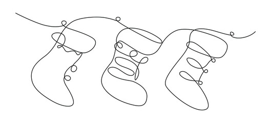 Vector set of three three Christmas socks for gifts, decorations for Christmas and New Year drawn by one line. Fashionable trend direction. Isolated objects.