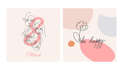 International Women s Day. Set of abstract backgrounds with minimal shapes and line art faces. Vector illustration.