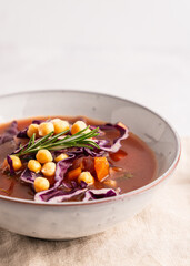 Close up of a Bowl of Italian vegetable tomato chickpea soup