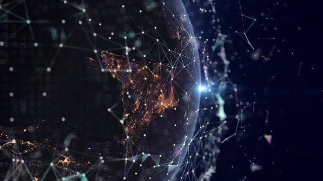 View from space on Planet Earth. Futuristic abstract network glowing and covering planet. Modern business and technology concept. 3D Rendering, Elements of this image furnished by NASA.
