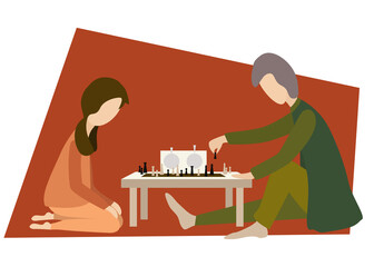 Father and daughter are playing chess while spending time together at home. Domestic life. isolated vector illustration