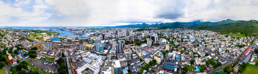 Fototapeta na wymiar Aerial view, city view of Port Louis with harbor, old town and financial district, Mauritius