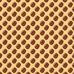 Roasted Coffee Bean on yellow sunny background. Seamless pattern of Coffee Bean. Good for wallpaper, textile, background, poster, cover of book, post cards