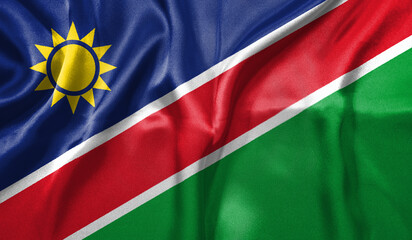 Namibia flag wave close up. Full page Namibia flying flag. Highly detailed realistic 3D rendering
