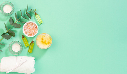 Fresh organic ingredients for home spa and skin care on light turquoise background, copy space for your text. 