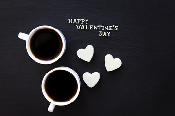 two cups of coffee and candies in heart Happy Valentine