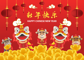Chinese new year cute of cartoon design in the year of ox,vector illustration (Chinese letters meaning Happy chinese new year )
