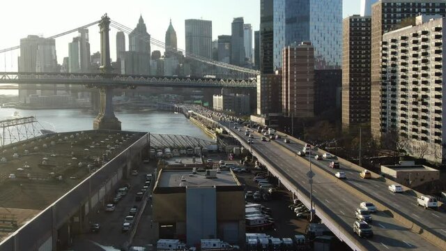 New York, NY, USA - February 1, 2020 : FDR Drive, a highway along the east side of Manhattan