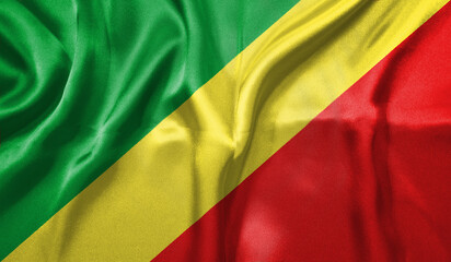 Republic of the Congo flag wave close up. Full page Republic of the Congo flying flag. Highly detailed realistic 3D rendering