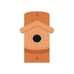 Obraz na płótnie Canvas Wooden birdhouse, isolated on a white background. Spring illustration for postcards, posters, web graphics, banners, advertisements, brochures. Vector illustration in a flat style. Cartoon style