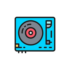 Vinyl turntable, DJ mixer flat color line icon. Isolated on white background